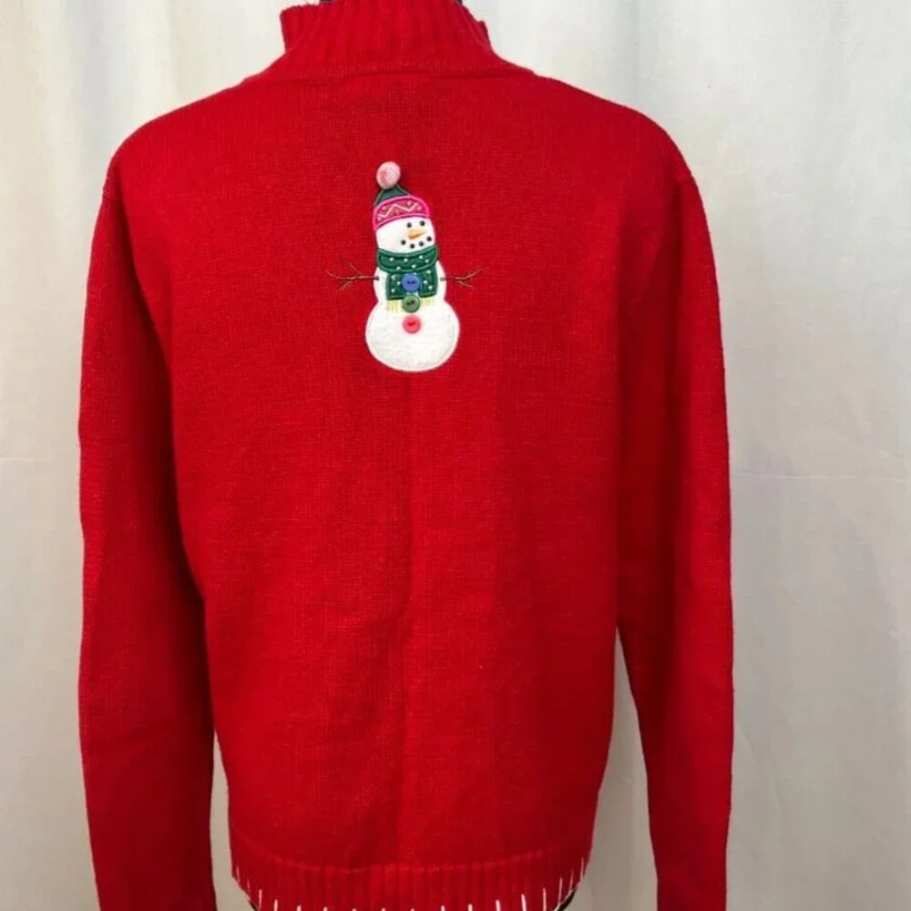 Vintage Christmas Red Cardigan With Embroidered Penguins & Snowmen Theme - Picture 6 of 8